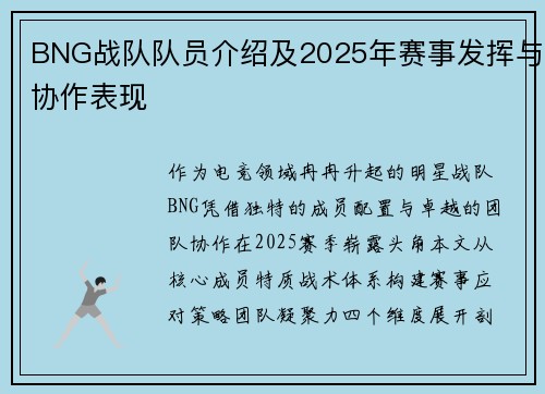 BNG战队队员介绍及2025年赛事发挥与协作表现